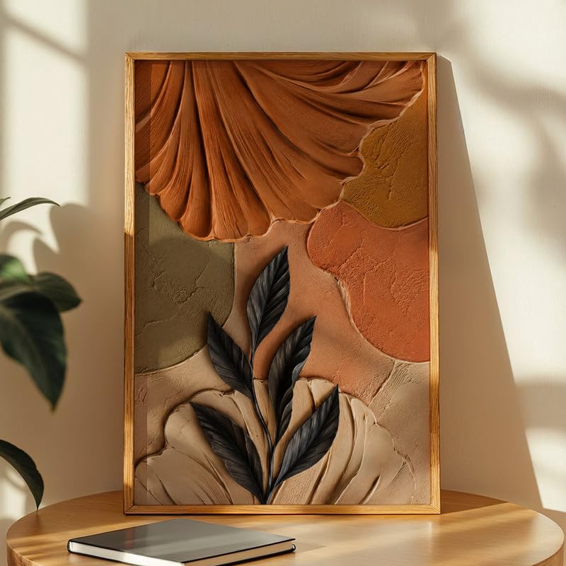Image of NoWorries 3D Abstract Leaf Wall Painting with Frame Set of 1 | Premium Textured Black Leaf Artwork, Earthy Terracotta Botanical Wall Decor for Living Room, Bedroom, Office and Home Decoration (3d Art-5,25x37inch)