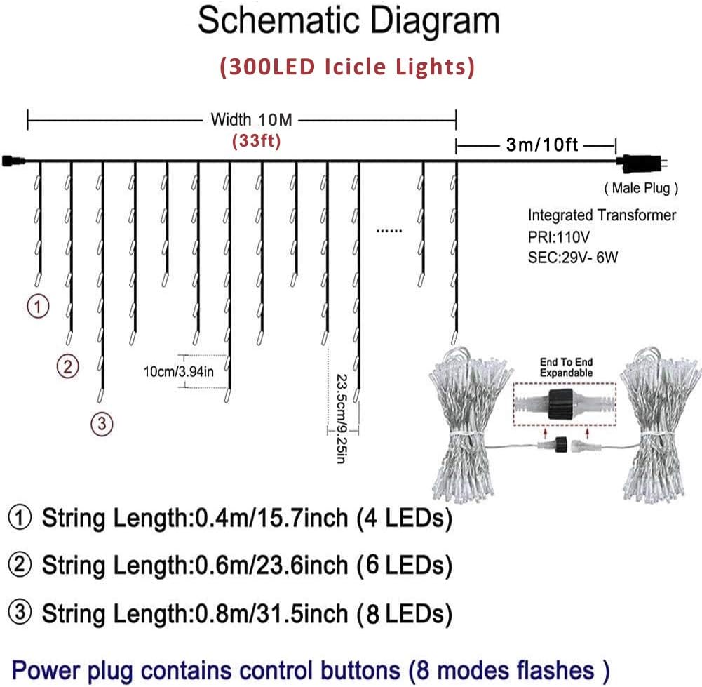 Schematic diagram of the 300LED Icicle Lights showing dimensions, drop lengths, and end-to-end expandability.
