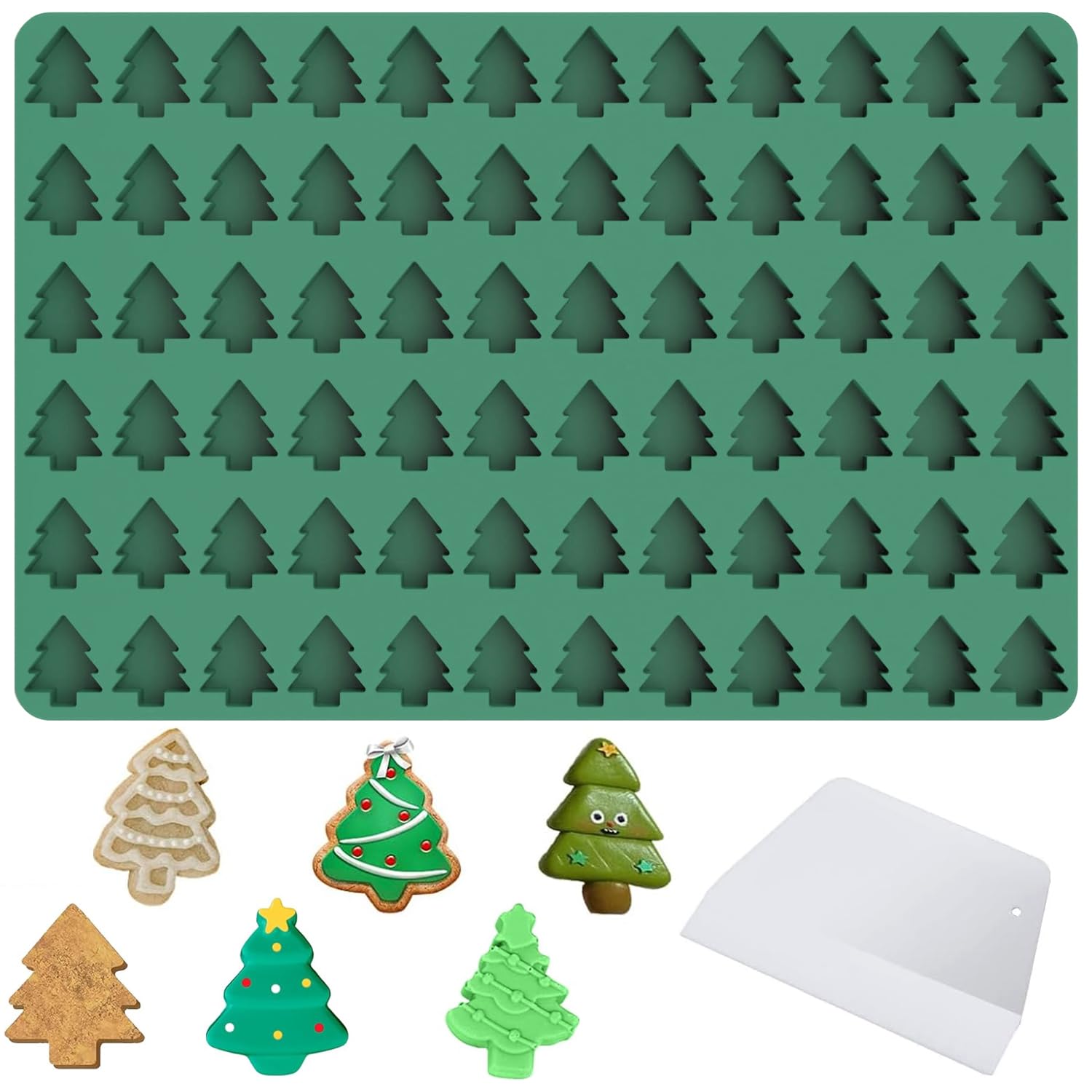 VIKKI Christmas Silicone Mould, Silicone Mini Gummy Molds Gingerbread Man Candy Mould for Baking,Cookies,Pudding,Jelly,Dog Treat with Scraper (72 Cavity Christmas Tree)