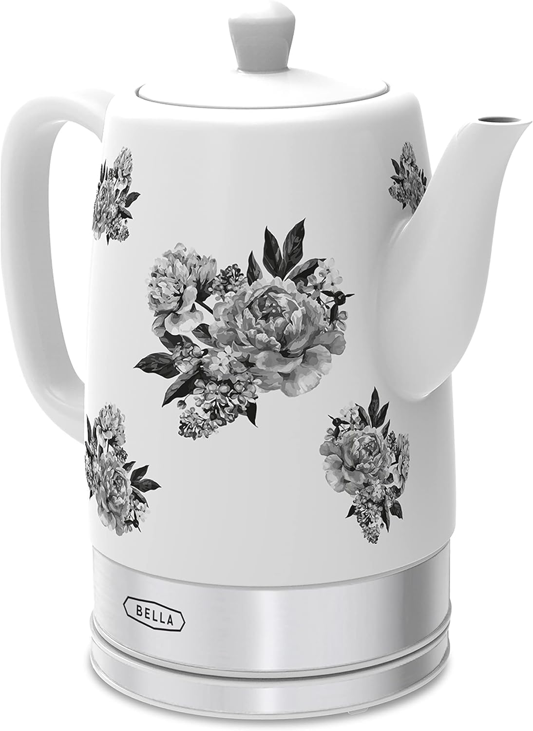 bella Hervidor eléctrico y tetera, calentador de agua de cerámica con base giratoria desmontable, apagado automático y protección contra ebullición en seco, 1,5 litros, color flores negras