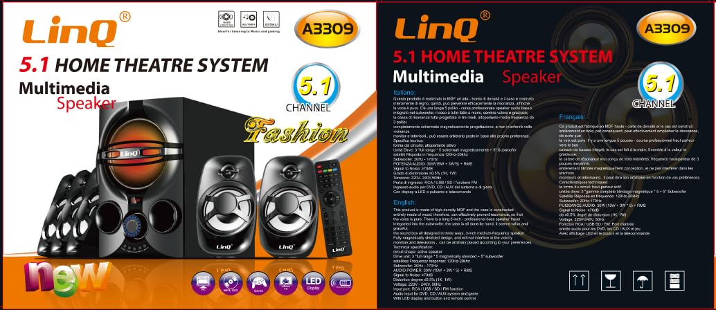 KIT CASSE ACUSTICHE A3309 SISTEMA DI ALTOPARLANTI DOLBY SURROUND 5.1 con USB HOME CINEMA TELECOMANDO HD per TELEVISORE SALOTTO o PC COMPUTER