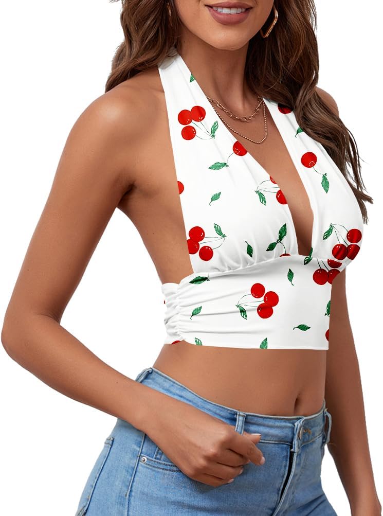 Rooscier Women's Deep V Neck Halter Tie Back Sleeveless Backless Cami Crop Top - Image 3