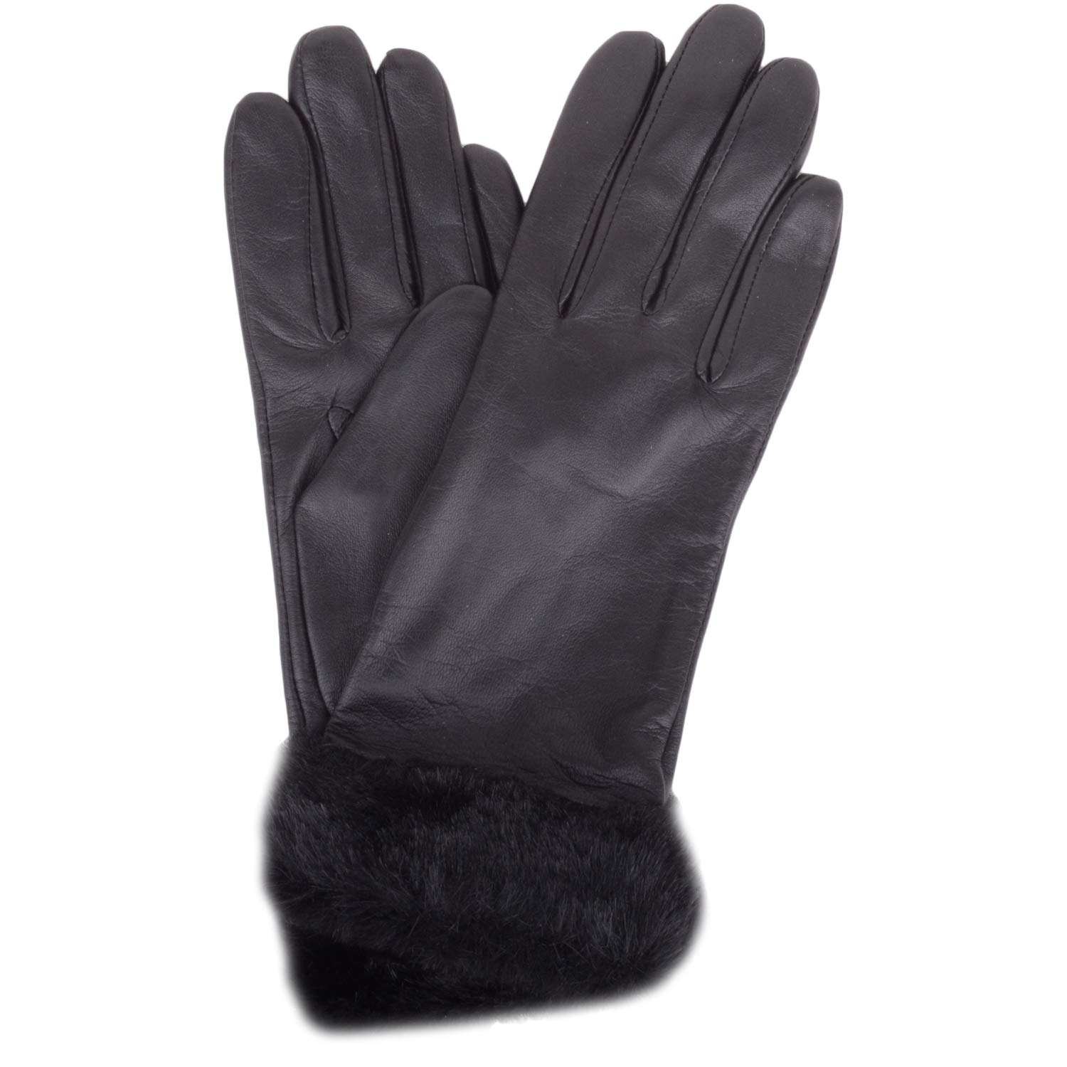 Snugrugs Women's Black Super Soft Stylish Leather Winter Glove/Gloves With Faux Fur Trim - Medium (7")