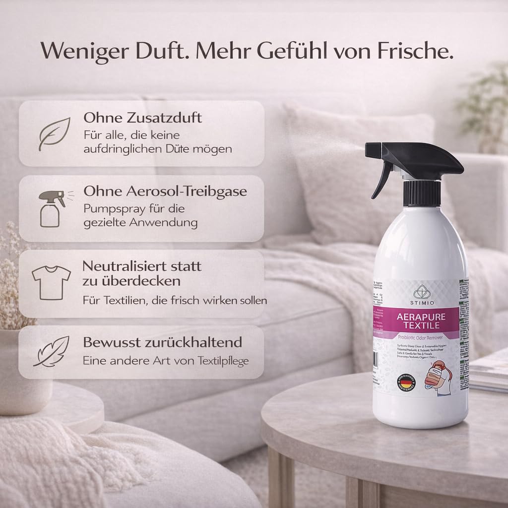Textilien ohne Waschmaschine frisch bekommen – Stimio PROBIOTISCHES TEXTILSPRAY 1000 ml – NATÜRLICHER Geruchskiller für Sofa, Matratze, Kleidung, Auto & Co. – ohne Duftstoffe, OHNE CHEMIE