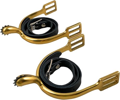 HGFLMR (1 par) Modelo 1885 Espuelas de Caballería de Combate de Latón Sólido, Rowel & Correas de Cuero