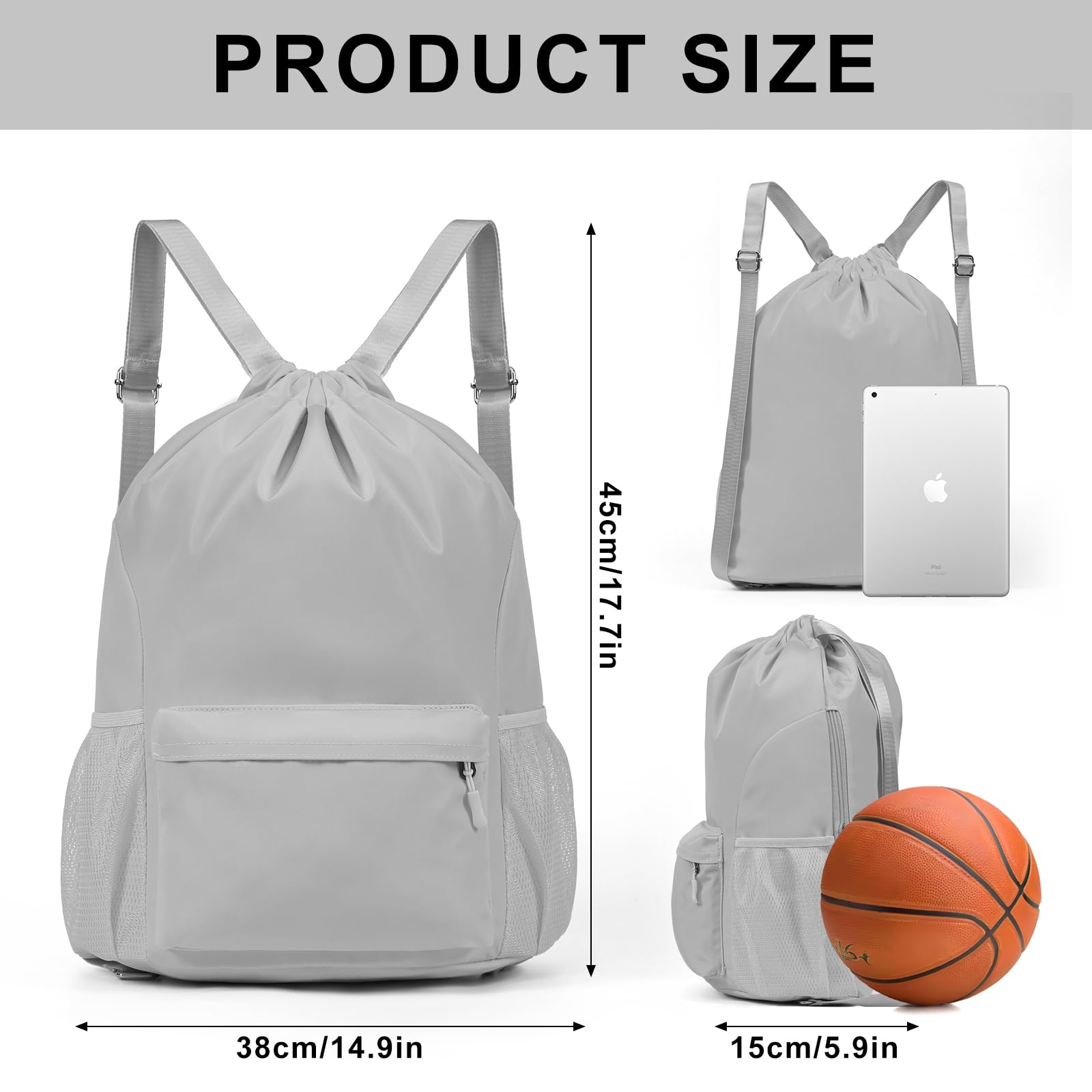 MIOUZIMEO Drawstring Backpack Sports Gym Bag with Water-Resistant Large Capacity String Swim Backpack Side Mesh Pocket for Men Women ?Grey