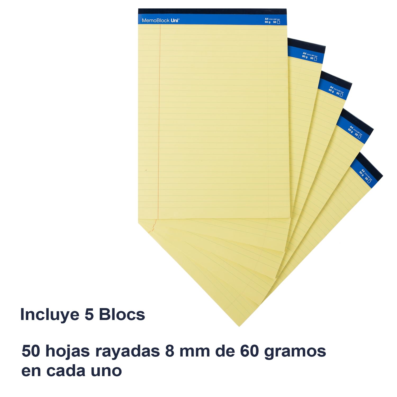 Unipapel | Zestaw 5 notatek prawnych A4 | 50 arkuszy | 8 mm w paski z marginesem | papier 60g | kolor żółty | mikroperforowane arkusze | 29,5 x 21 cm | Wytrzymała płyta kartonowa | MemoBlock Uni