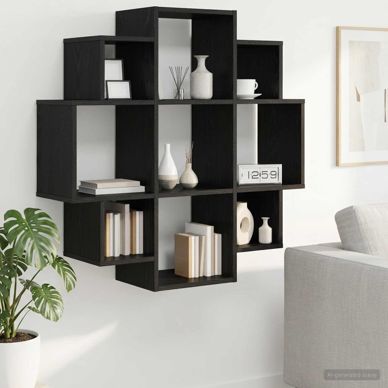 Estantería de pared de roble negro, 90 x 25 x 90 cm, material de madera, organizador montado en la pared para salón, dormitorio, cocina, baño, pasillo, decoración, espacio de almacenamiento