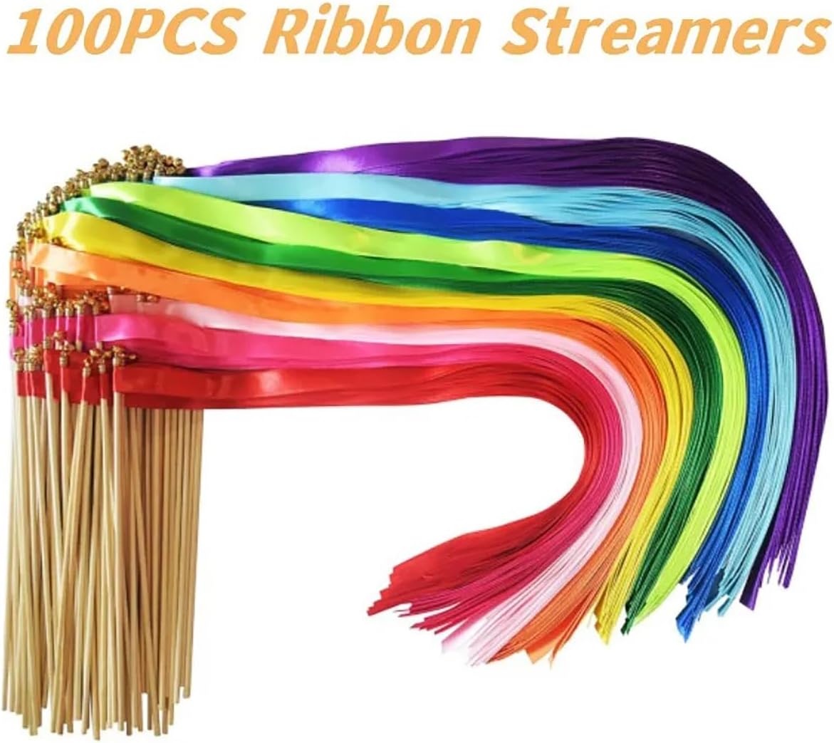 100 Pack Ribbon Streamers Wedding Lace Ribbon with Bells Decorative Fairy Stick Party Streamers for Celebrations, Holiday, Activities (Rainbow)
