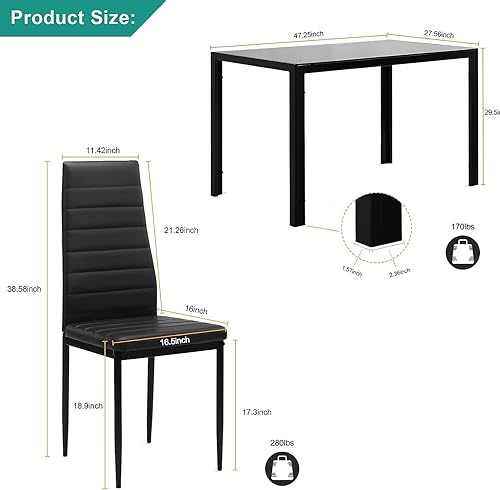 Miniatura 7 de Juego de mesa de comedor negra de 5 piezas para 4, juego de mesa y sillas de cocina de vidrio moderno, juego de mesa de comedor que ahorra espacio