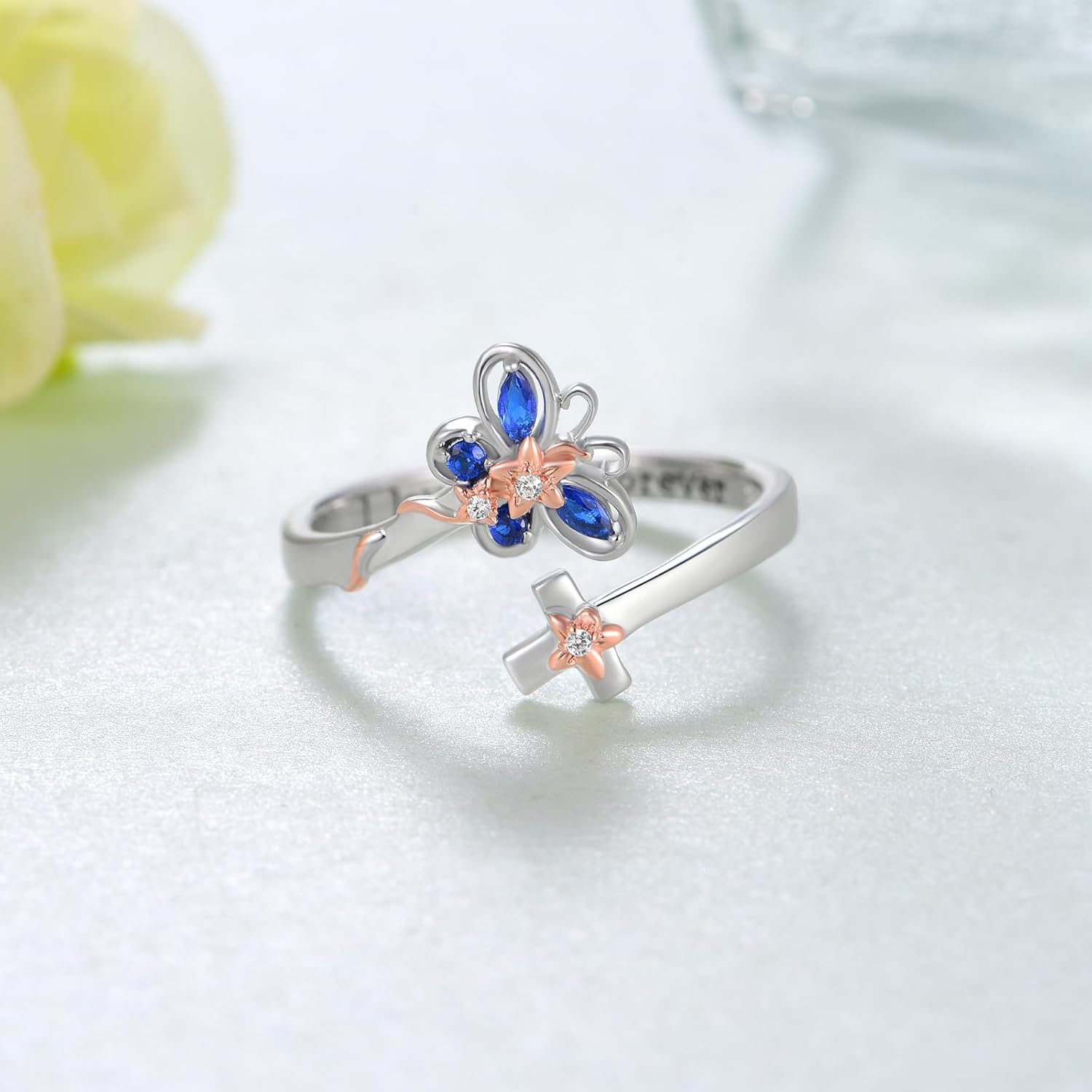 Butterfly Ring 925 Sterling Silver Butterfly Adjustable Open Ring Crystal Cross Rings for Women September Birthstone Butterfly Jewelry Gifts for Wife - Image 2
