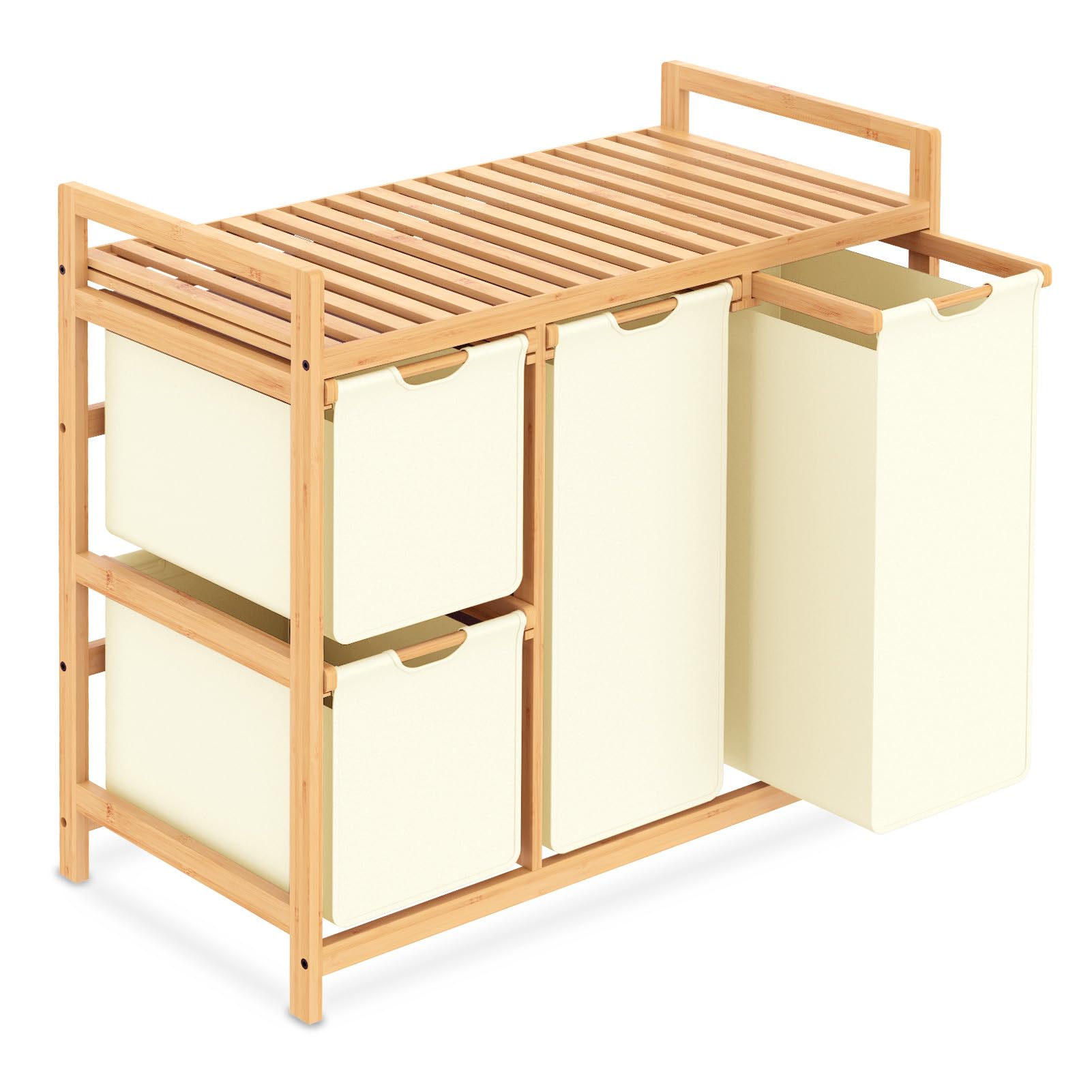 iEGrow Wäschekorb 4 Fächer 150L, Wäschesammler 4 Fächer, Bambus Wäschewagen mit Ablage für Schmutzwäsche, Push-Pull Wäschesack aus Oxford-Gewebe, 2 x 50 L, 2 x 25L Wäschebox Beige