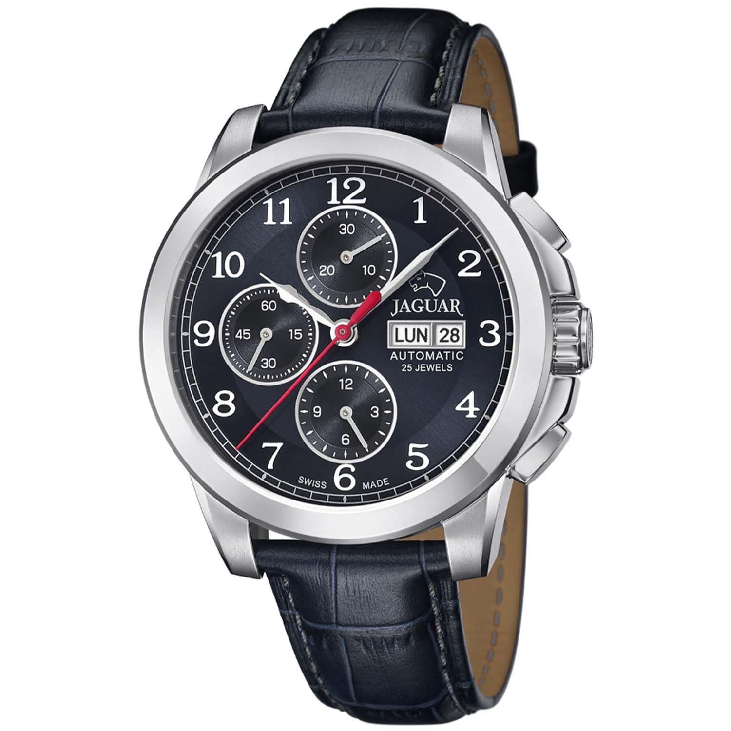 JAGUAR Swiss Made Orologio Automatico Uomo in Pelle Blu | Analogico, Calendario, Vetro Zaffiro ad Alta Resistenza, Impermeabile 10 ATM J975/3, Quadrante Blu, Chiusura a Fibbia