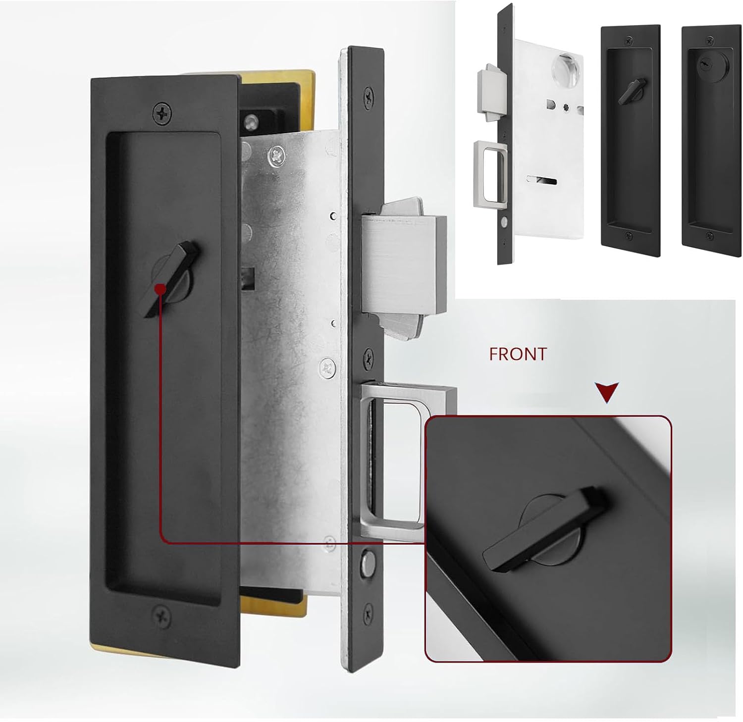 Pocket Door Lock Hardware with Pull, Sliding Door Pop-Up Handle, Privacy Pocket Door Lock Hardware,keyed,Black
