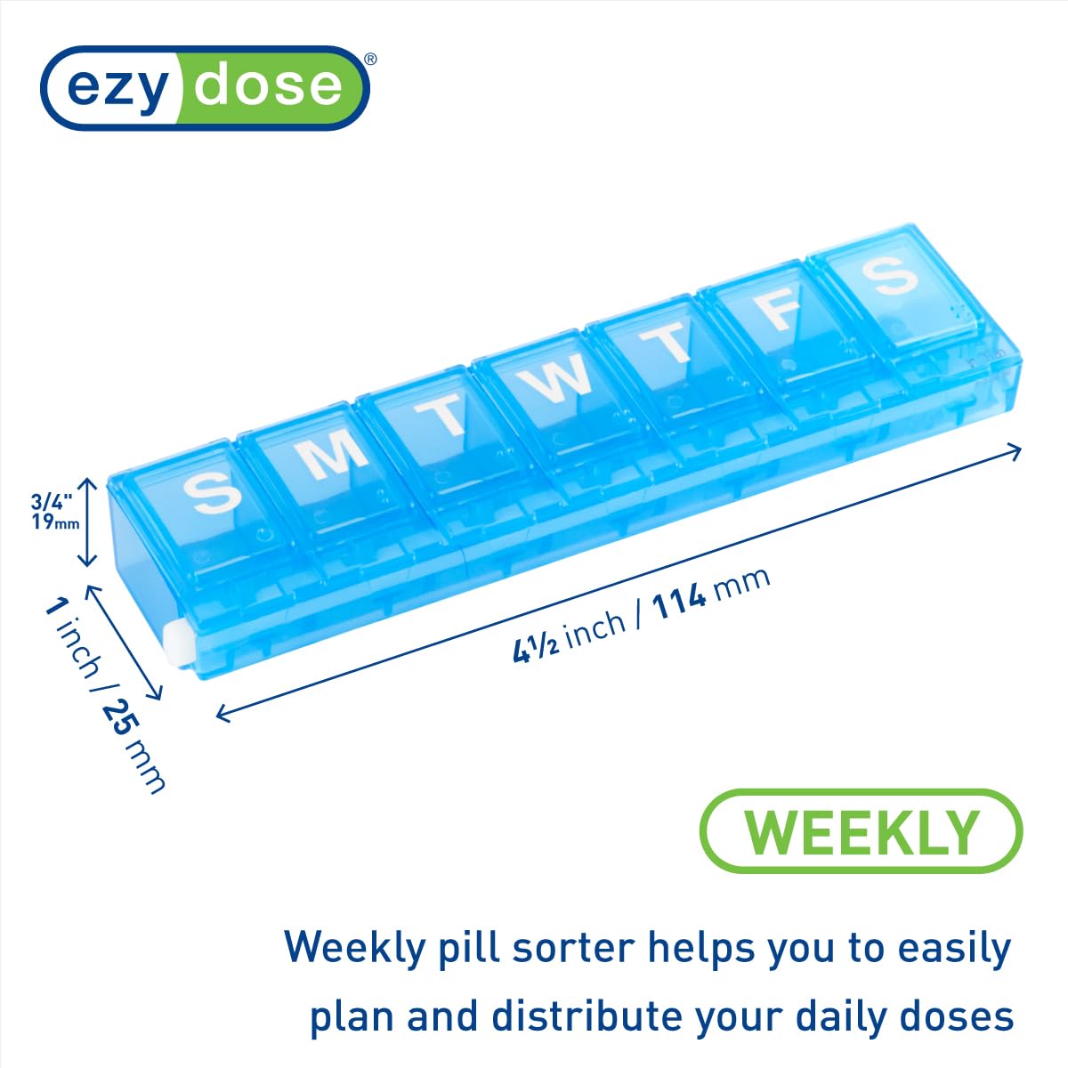EZY DOSE Weekly (7-Day) Pill Planner, Medicine Case, Vitamin Organizer Box, Small Locking Compartments to Secure Prescription Medication and Prevent Accidental Spilling, Blue Blue Small 4.5"x1"x0.6"