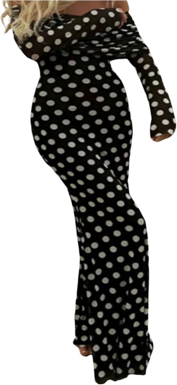 Floerns Women's Polka Dots Maxi Dress Off The Shoulder Long Sleeve Bodycon Going Out Party Long Dresses