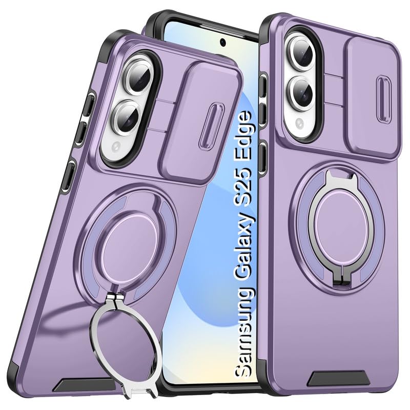 Image of LuxuryKase Shockproof Rugged Case for Samsung Galaxy S25 Edge | Slide Camera Cover | 360 Rotating Ring Kickstand | Military-Grade Protection - Lavender Purple
