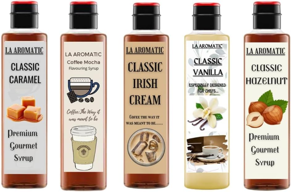 La Aromatic All Exotic Coffee Syrups Combo of 5 flavours (Hazelnut,Virgin Vanilla,Irish Cream,Caramel,Coffee Mocha)-100ml Each/Perfect for Travel Kit bag/Coffee and Shakes Syrups