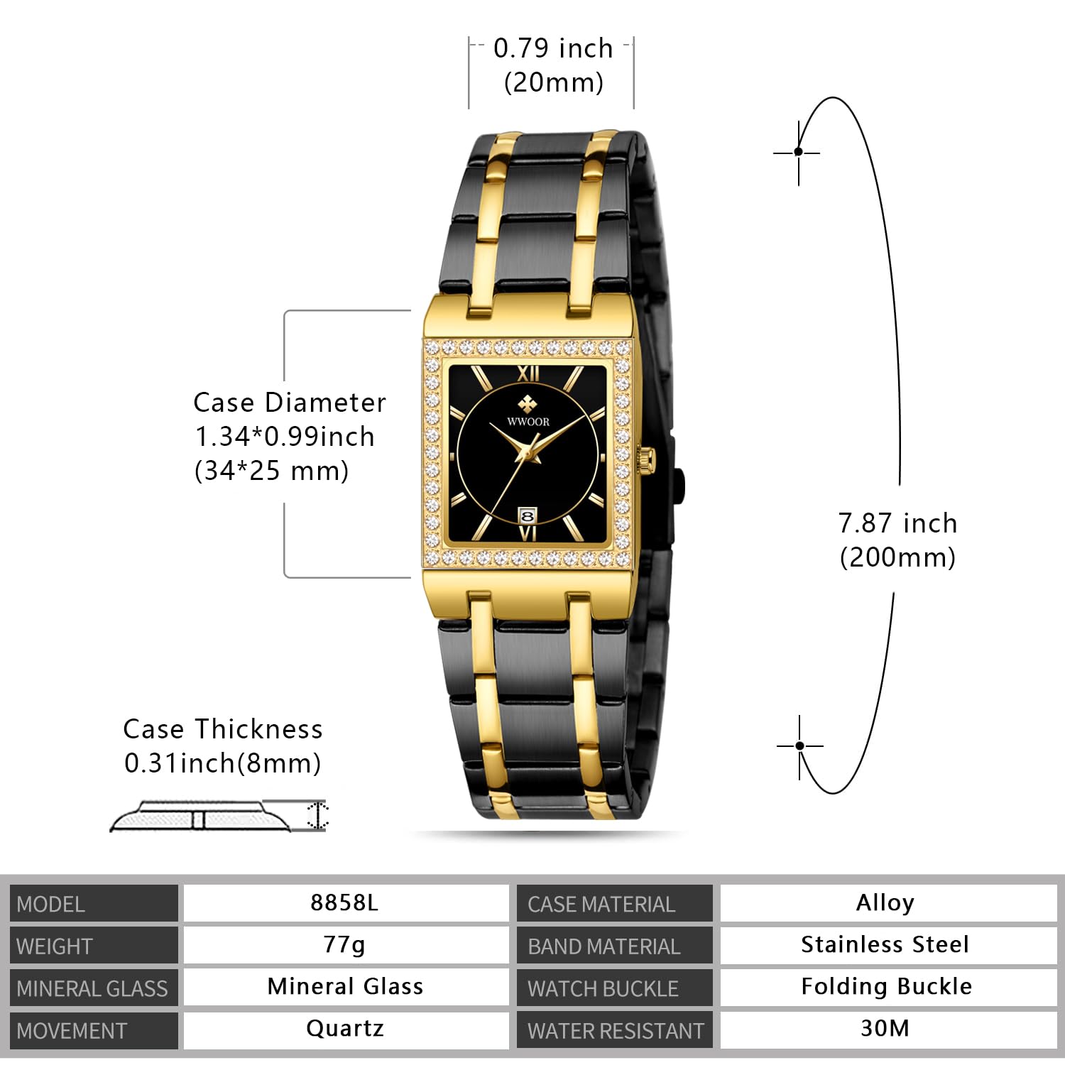 WWOOR Orologi da donna per piccoli polsi in acciaio inossidabile Dainty Square Orologi per le donne con data Orologi da donna impermeabili Elegante vestito al quarzo Orologi da polso da donna Reloj de