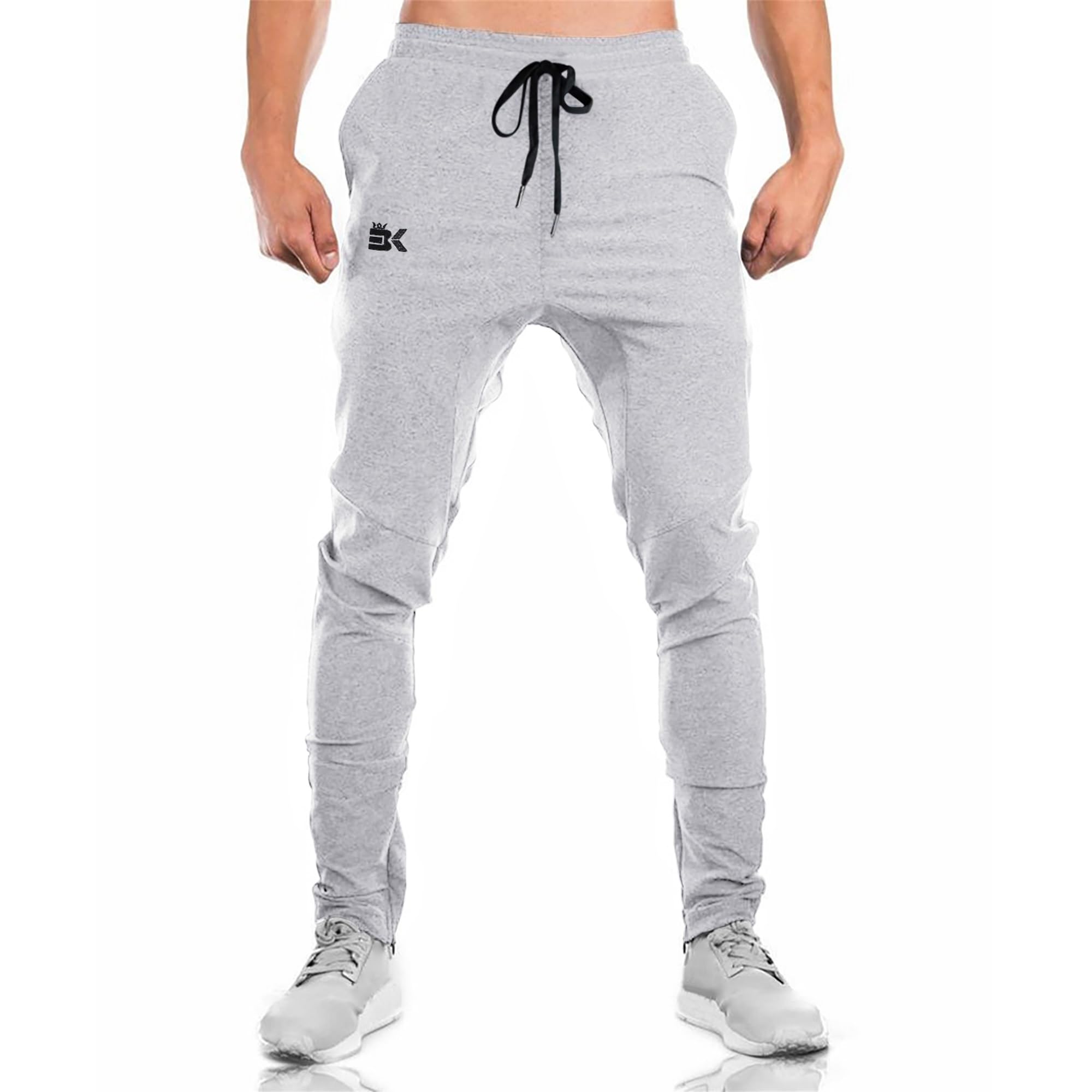 BROKIG Pantaloni sportivi da jogging da uomo a doppia tasca, pantaloni fitness con zip e stretch, per uomo, pantaloni in cotone, grigio, L