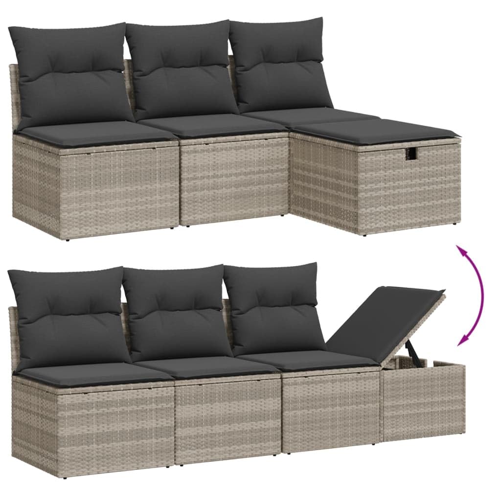 9-TLG. Sofa ogrodowa z poduszką, jasnoszara, poly rattanowa, zestaw wypoczynkowy do użytku na zewnątrz, modułowe meble ogrodowe ze szklaną płytą, odporna na promieniowanie UV, nośność 110 kg
