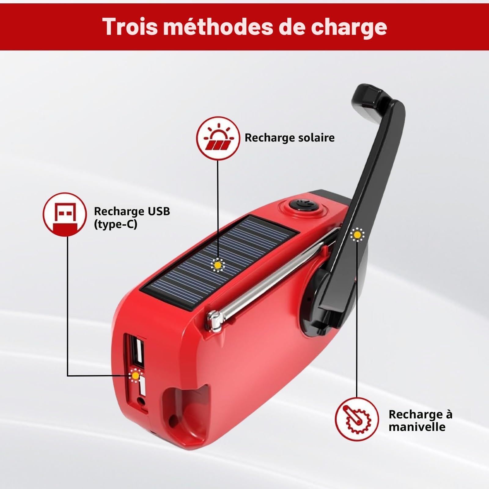 Radio d'urgence solaire 2000mAh manivelle AM/FM/WB alarme SOS lampe LED 700LM IPX4 étanche