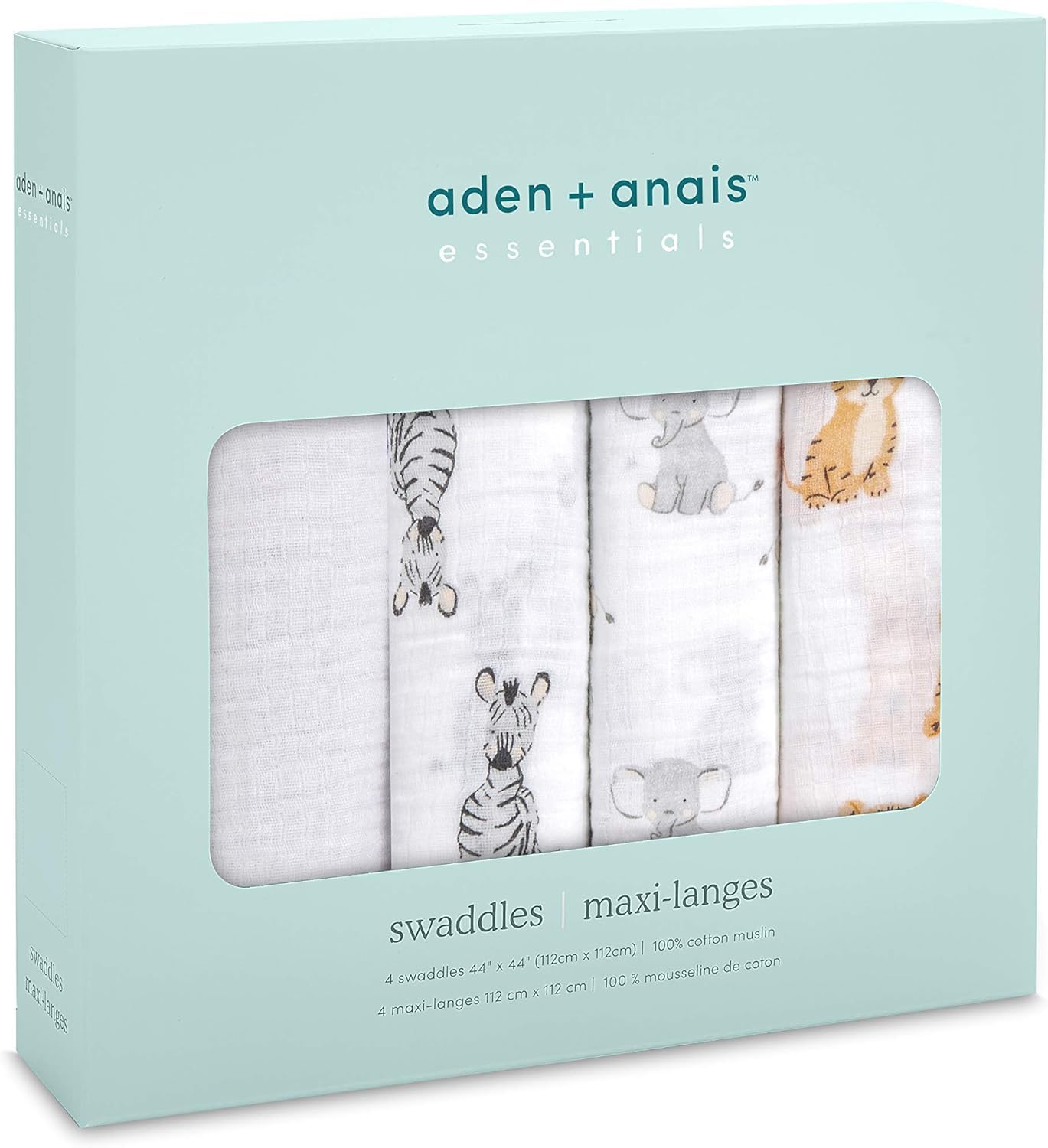 aden + anais essentials - 4 Maxi-langes pour bébé en mousseline 100 % coton - Pack de 4 - Langes ultradoux et légers - Multi usages - Imprimé Safari Babes - Garçon et fille - 112 cm x 112 cm