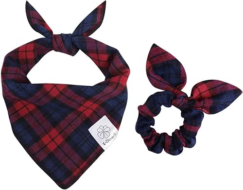 E-Clover Dog Bandanas & Matching Scrunchie Set Plaid Dog Scarf