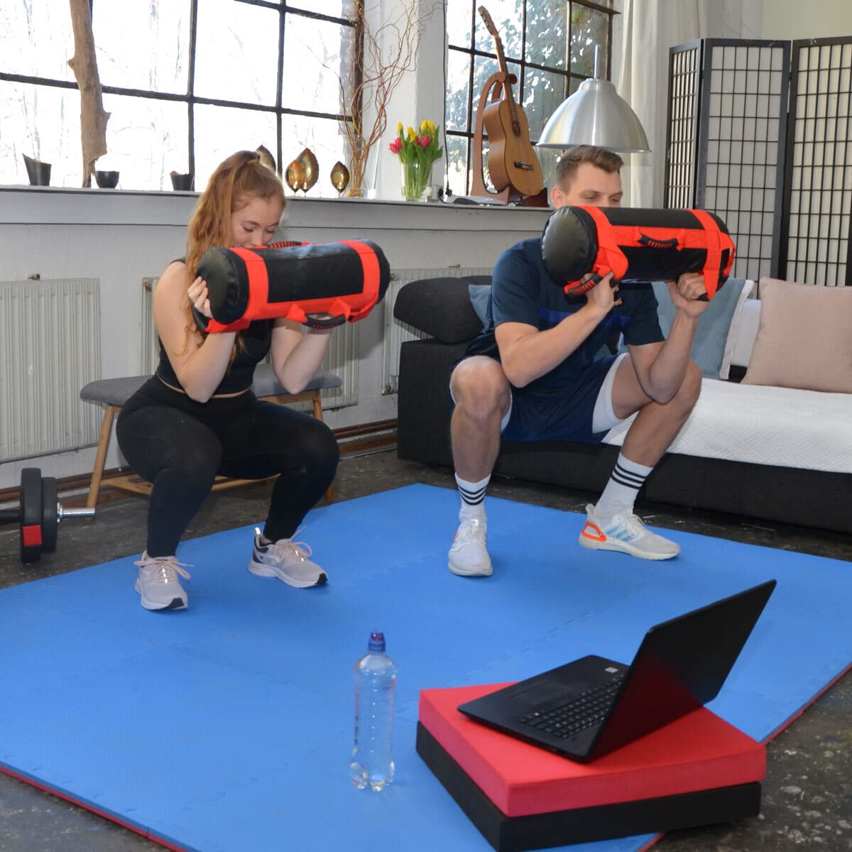 EYEPOWER 20kg Power Bag + 4 Pesi Kettlebell con Sabbia di Ferro - 6 Maniglie Fitness Sandbag per Allenamento Forza - 20x60 Borsa del Peso - Sand Bag per Sport in Casa - Attrezzi Palestra Box Squat