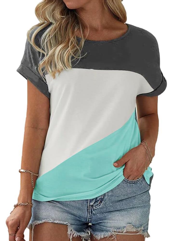 Fisoew Damen T-Shirt Rundhals Farbblock Kurzarm Shirt Casual Oberteil Sommer Locker Baumwolle Tee Tops