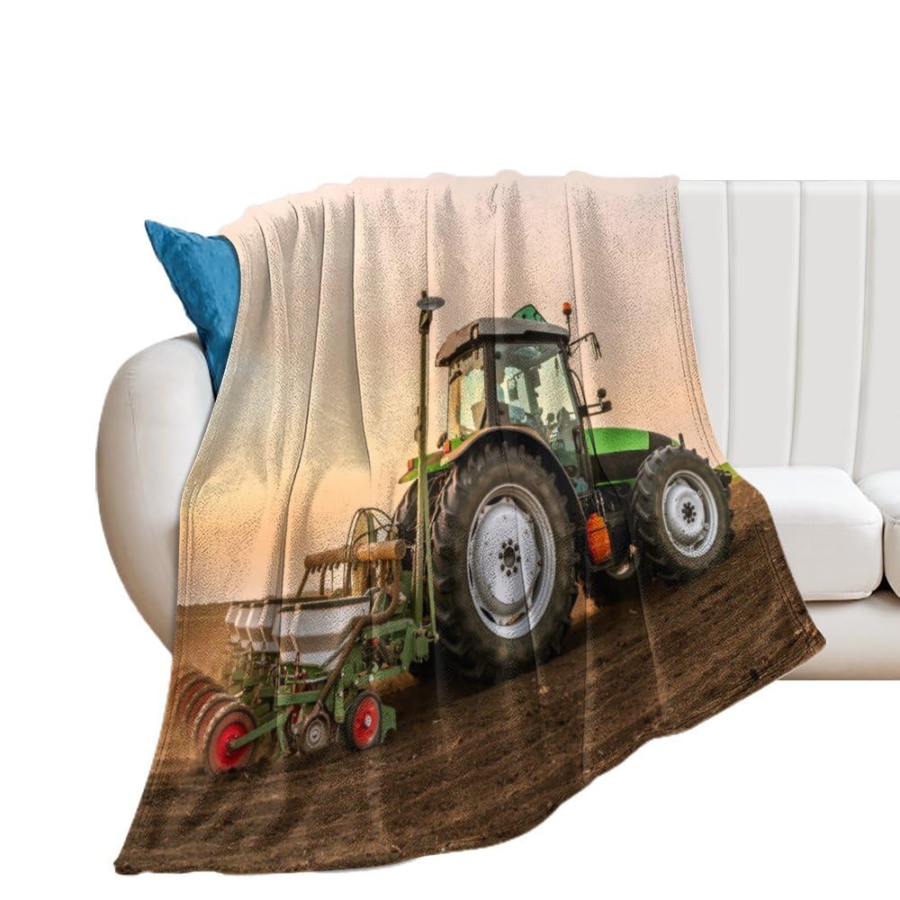 NIBABA Farmer Seeding Sowing Tractor Sunrise Blanket Throws, Soft Fleece Blankets for Men, Women, Boys, Girls, Cozy Plush Comfy Microfiber Throw Blanket for Couch Sofa Bed Chair 50x60inch (125x150cm)