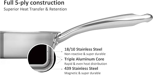 Miniatura 4 de Sartén de acero inoxidable de 5 capas, revestida completa de 5 capas, cepillada, sartén de inducción, apta para horno, apta para lavavajillas