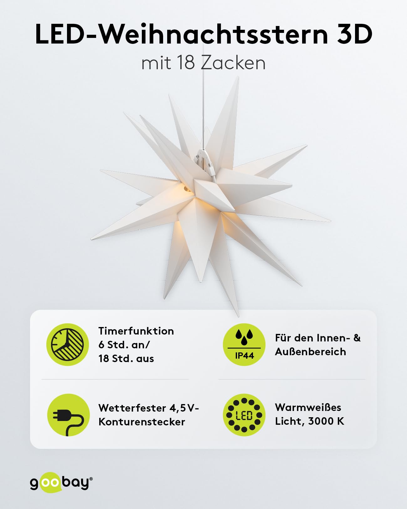 goobay 64789 Gwiazda bożonarodzeniowa LED 3D Ø 56 cm/gwiazda z 18 zębami i timerem/dekoracja bożonarodzeniowa/gwiazda LED zapewnia nastrojową atmosferę/transformator zewnętrzny 4,5 V/dekoracja