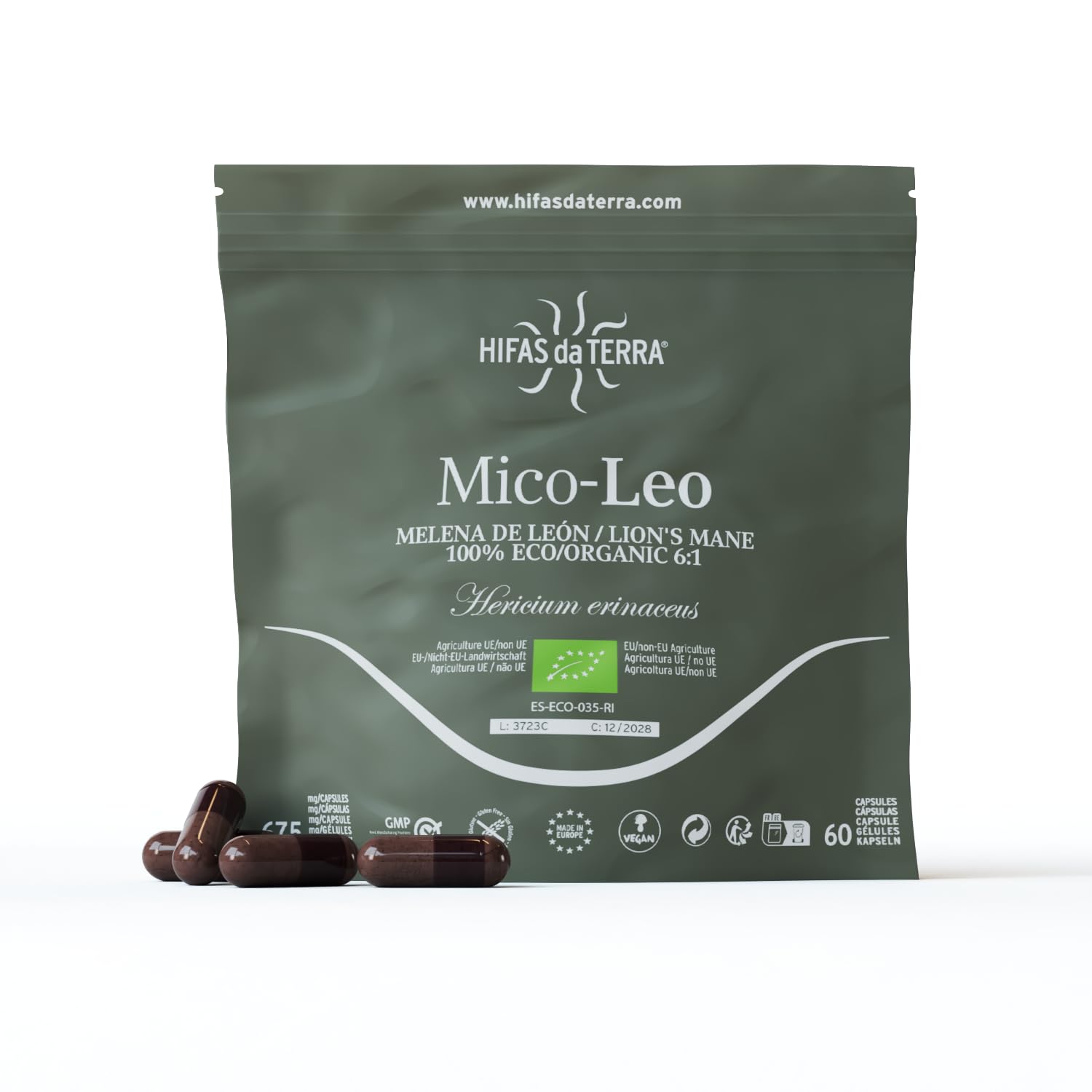 HIFAS DA TERRA - Mico-Leo Extracto Puro de Melena de León Hericium - Alta concentración de Beta-Glucanos y Vitamina C - Apoyo cognitivo, memoria, bienestar emocional e inmunitario - Refill 60 Cápsulas