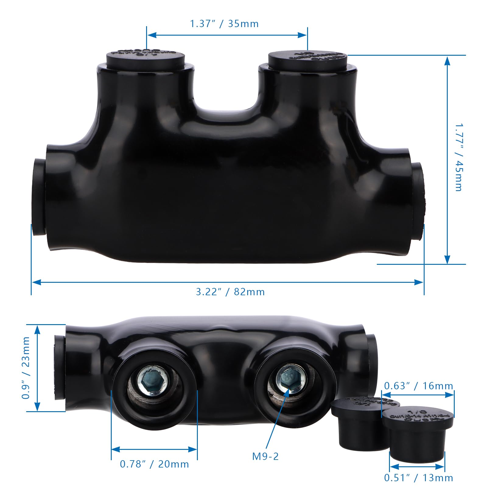 Baomain 1PCS Insulated in-line Splice Connector Wire Connectors Multi Cable Connector, 2 Ports 1/0-14 AWG Wire Range Pre-Filled and Dual Sided Entry Dual Rated, Black PVC Coated Ul Listed