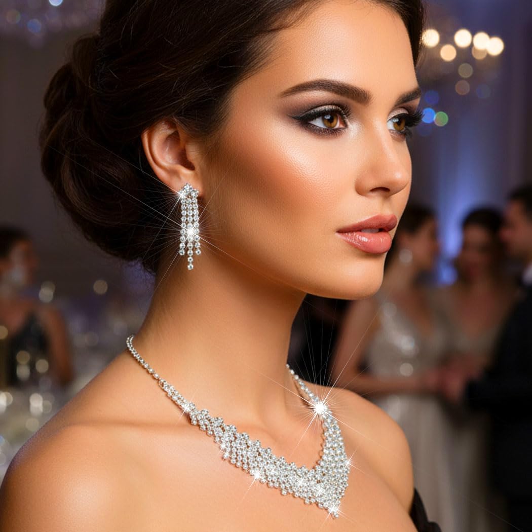 Aukmla Rhinestones Bridal Jewelry Set Silver Sparkly Bride Wedding Necklace Earring Sets Prom Necklaces for Women - Image 5