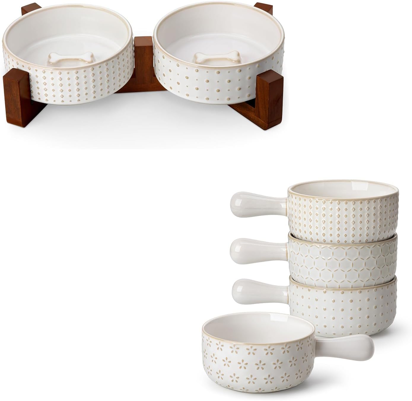 MALACASA Dog Bowl Set with Walnut Wood Stand, French Onion Soup Bowls with Handles