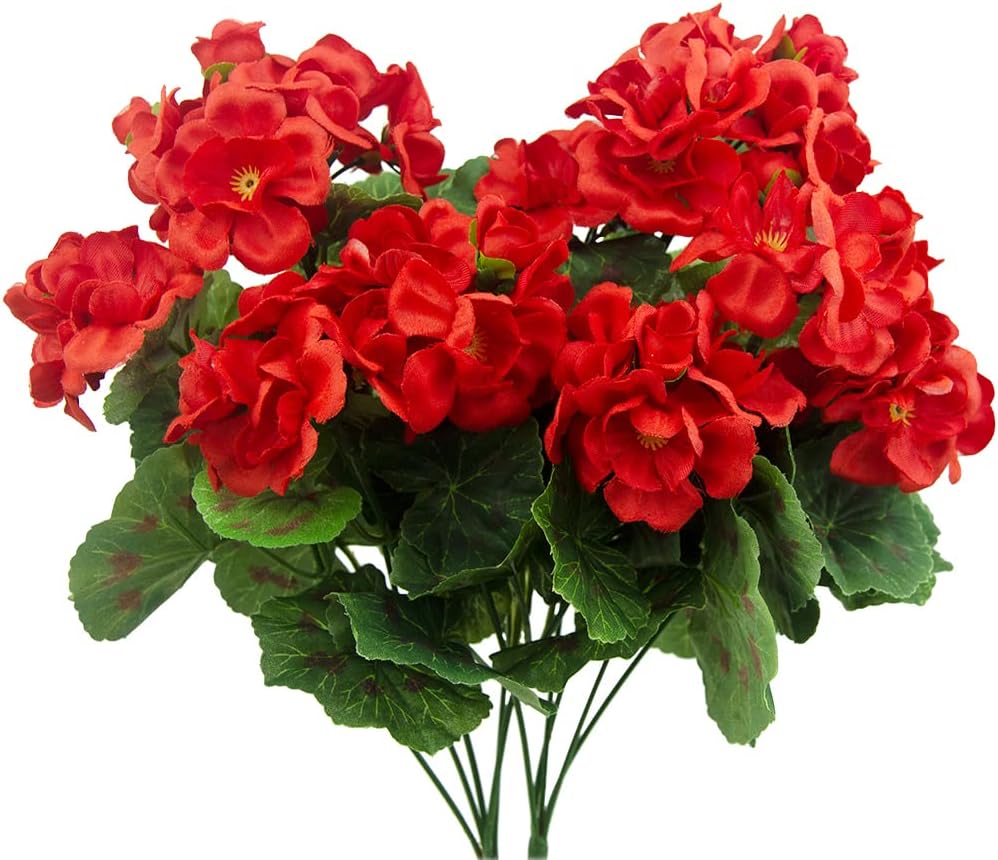 FERIAL 2 Pcs Artificial Red Geranium Bush Faux Flowers