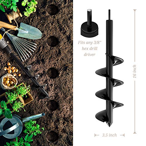 K-Brands Auger Drill Bit For Planting – 1.6 X 16 Inch & 3.5 X 16 Inch Set - Garden Spiral Hole Drill And Bulb Planter Tool - Bedding Plants, Umbrella Holes - 3/8 Inch Hex Drive Drill #TOP1