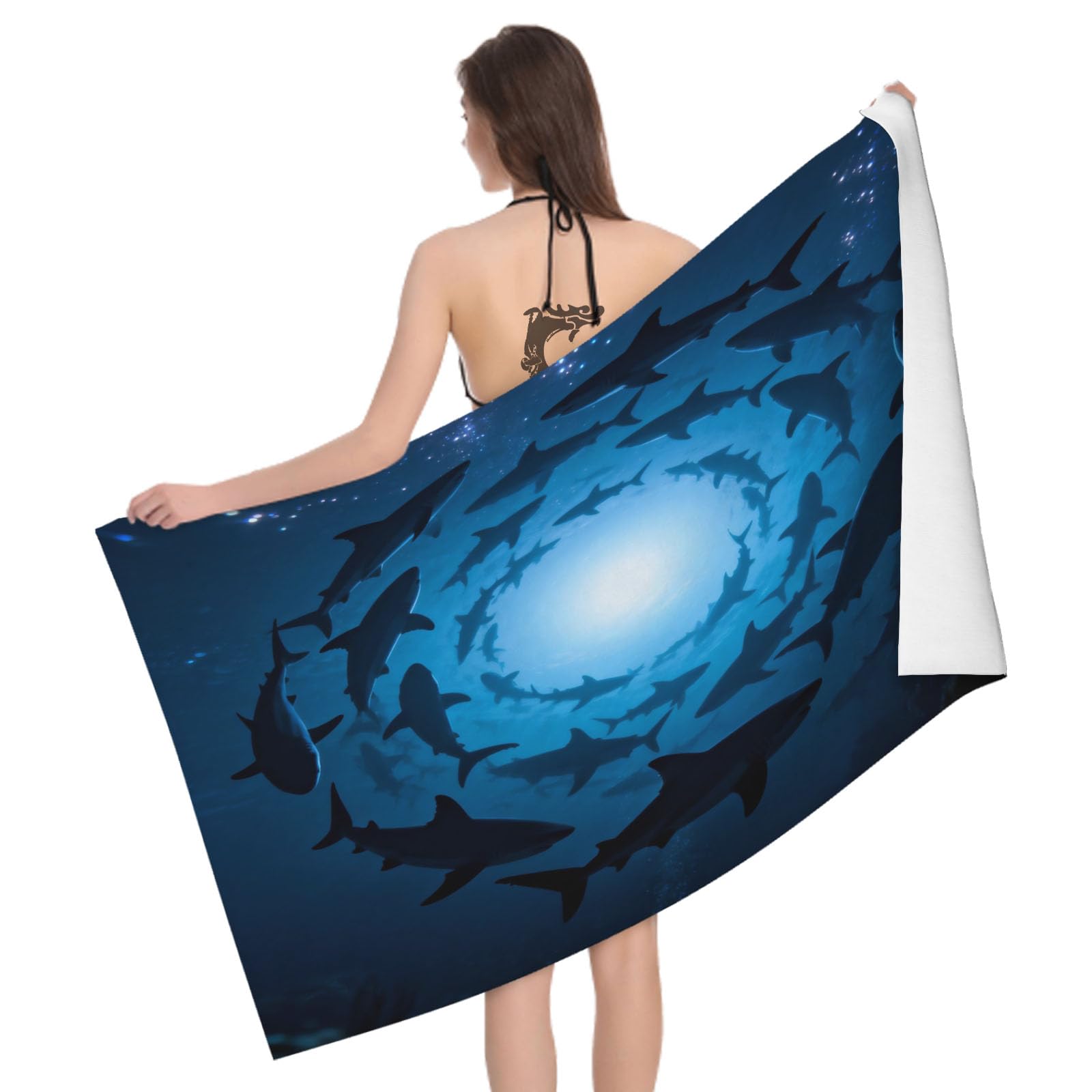 3D Underwater Shark Silhouette Beach Towel Extra Large Microfiber Soft Quick Dry for Adults, Underwater World Bath Towel Lightweight Soft Absorbent for Travel Swimming Pool Sports, 100 x 200 cm
