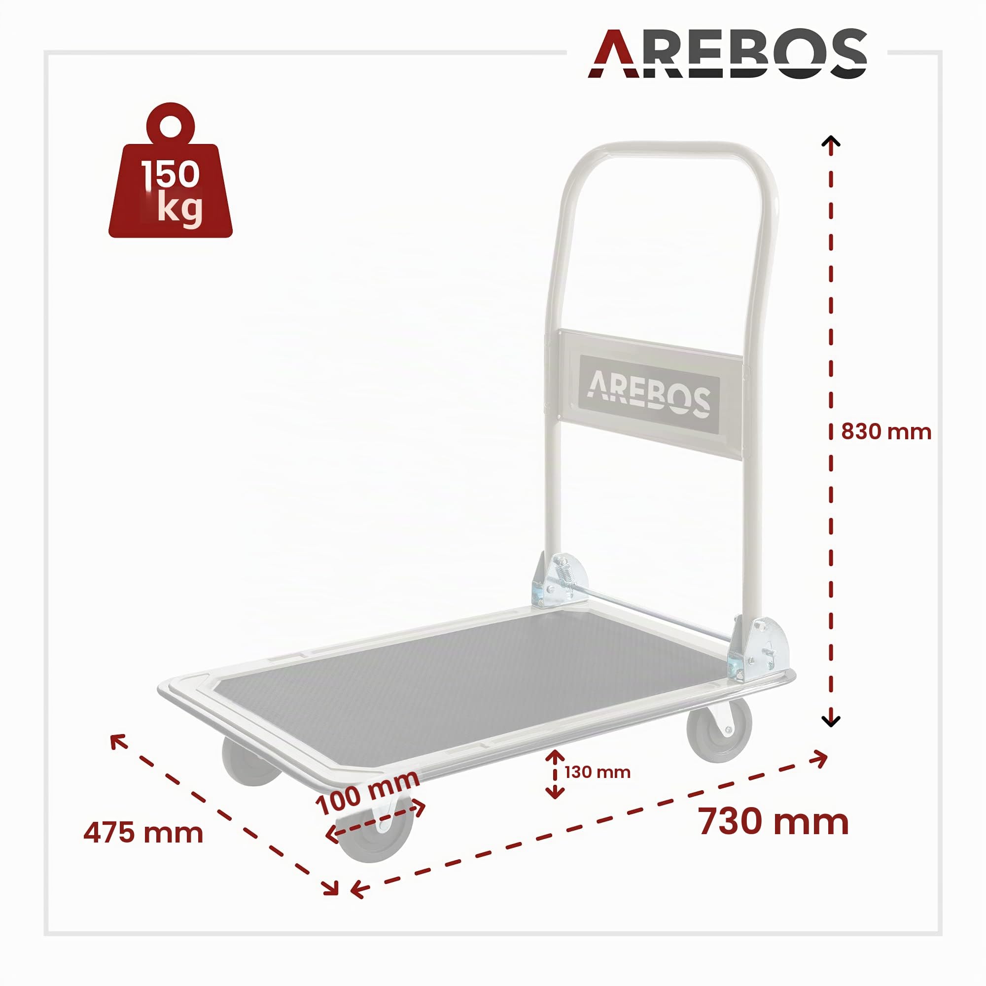 Arebos – Plataforma Carro | Carrito | Carretilla | hasta 150 kg | con Ruedas | Antideslizante Revestimiento | Protector de Bordes