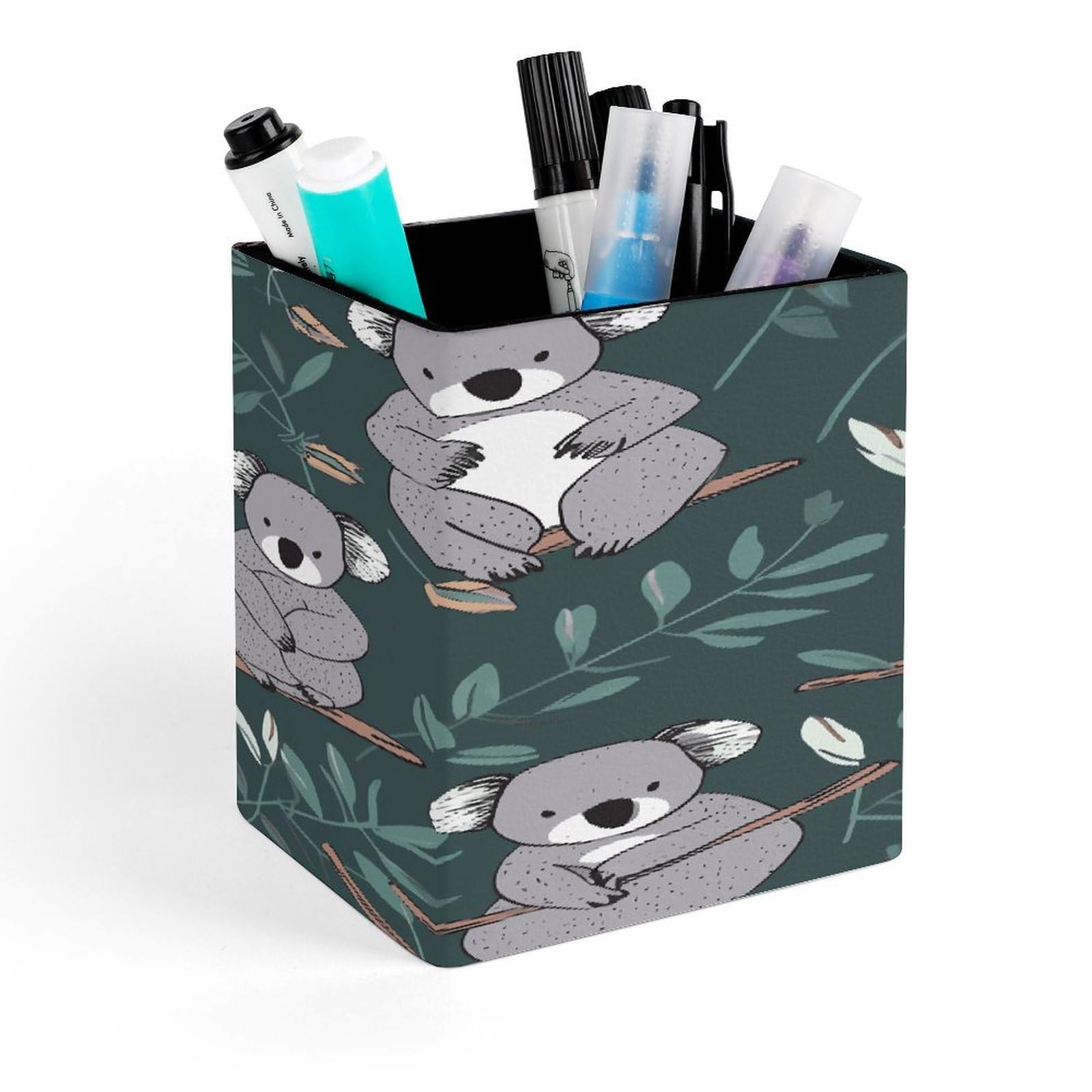 FekiLoot Lovely Koala Pen Holder for Desk Minimalist Leather Pencil Holder Fashion Modern Pencil Cup Decorative Square Pen Cup Locker Organizer for Office Work Locker Accessories
