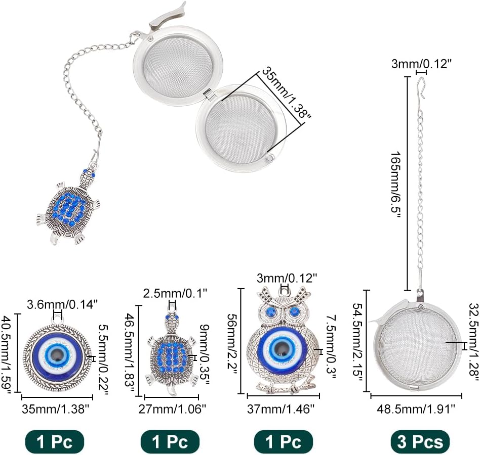 UNICRAFTALE 3 Sets Mesh Tea Infuser Stainless Steel Tea Infuser with Chain Hook Tea Ball Strainer Infusers Loose Tea Mesh Filters with Tibetan Style Turtle Owl Devil's Eye Pendants