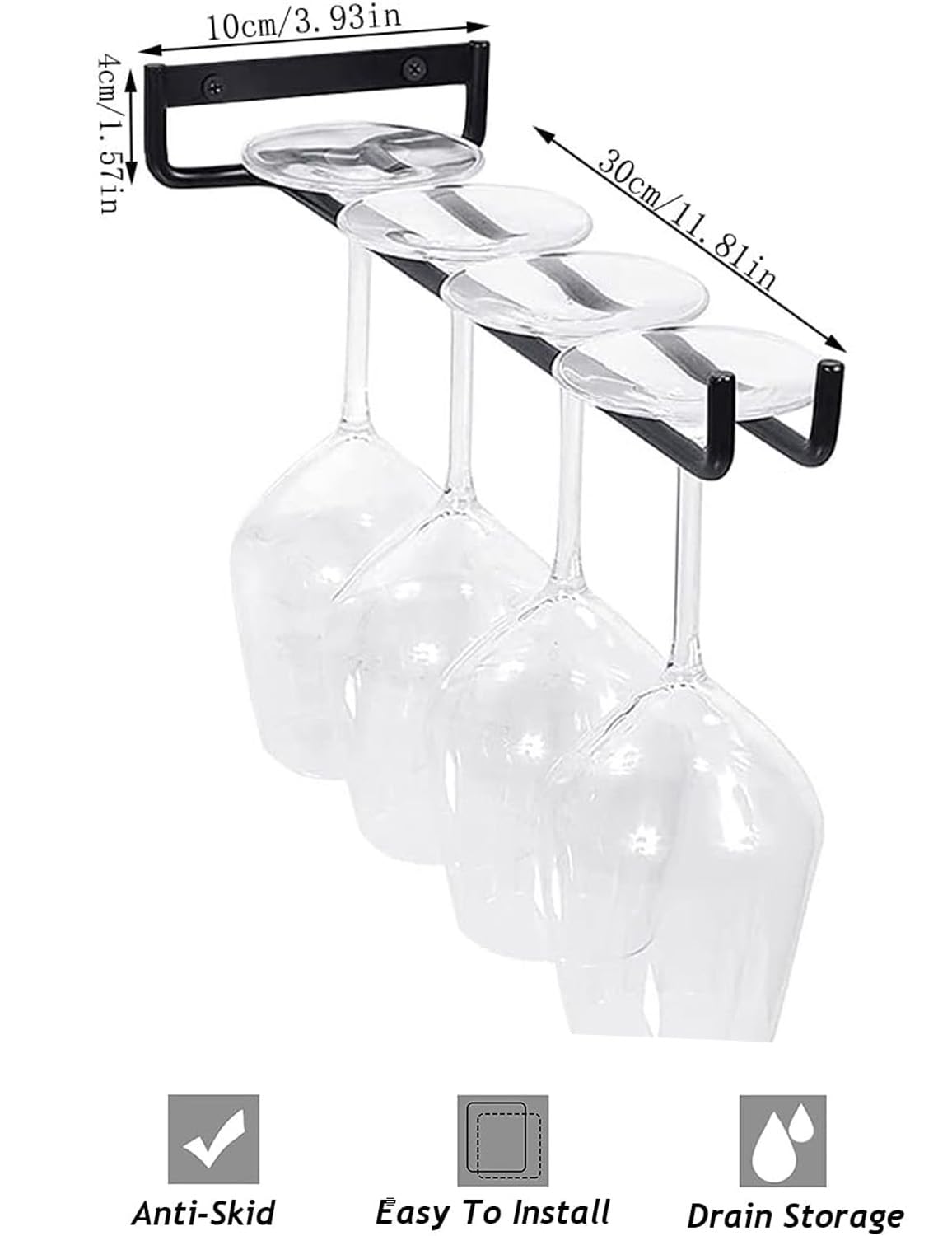 Portabicchieri Sospeso 5 Pezzi - Rastrelliera Per Calici Da Vino Da Parete, Nero, 30 Cm