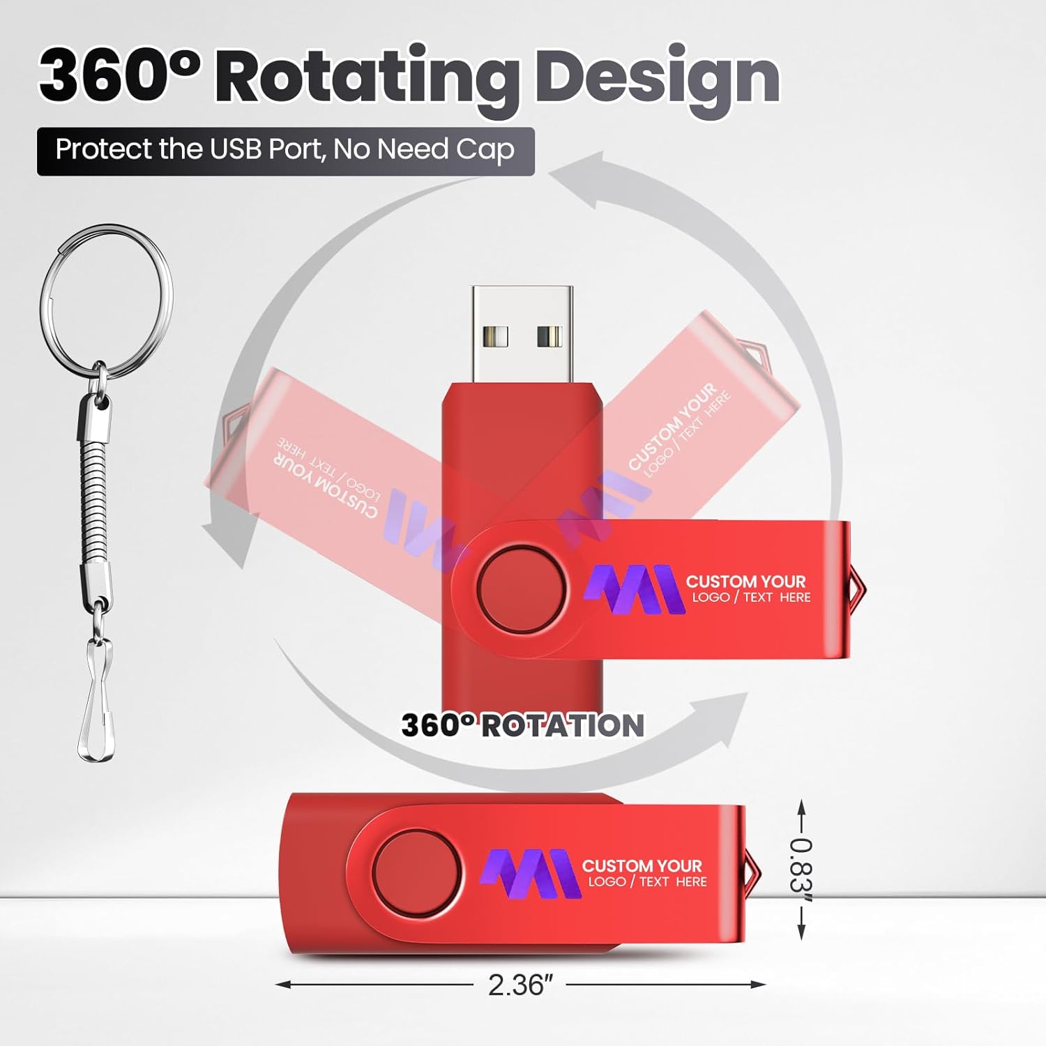 8GB 10PCS Custom USB 2.0 Flash Drive, Bulk Personalized Thumb Drives with Metal Keychains, Customize Logo & Text on Dual-Sided Memory Sticks for Company Ads/School/Photography Studio