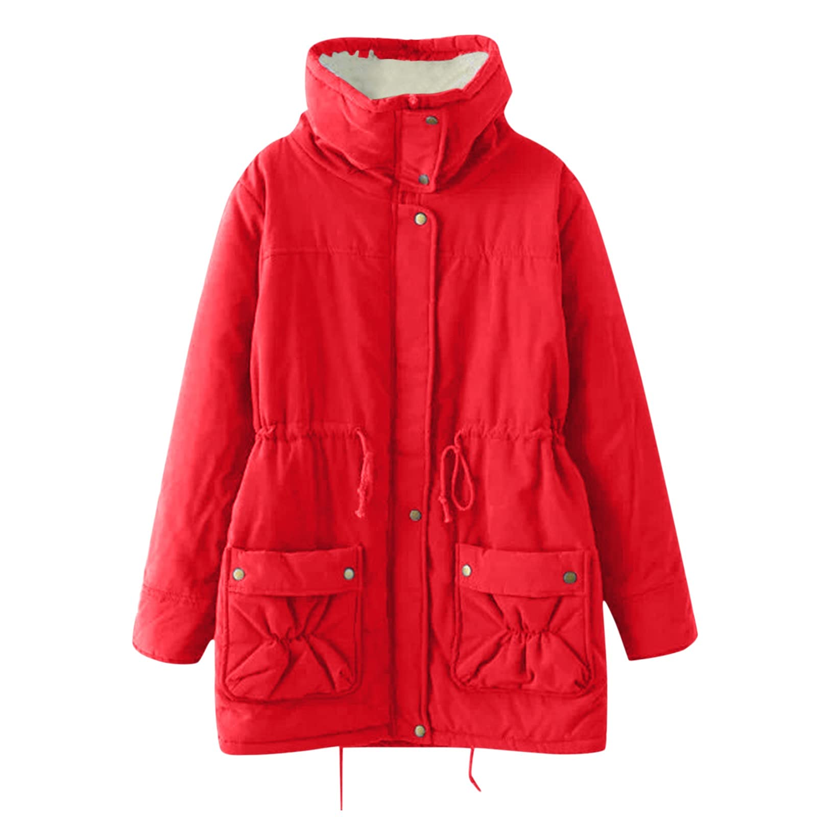 Chaqueta de invierno para mujer – Parka de invierno larga de pelo de peluche cálido forrado, cuello alto, sin capucha, chaqueta acolchada, abrigo con bolsillo, cintura con cordón, S - 3XL