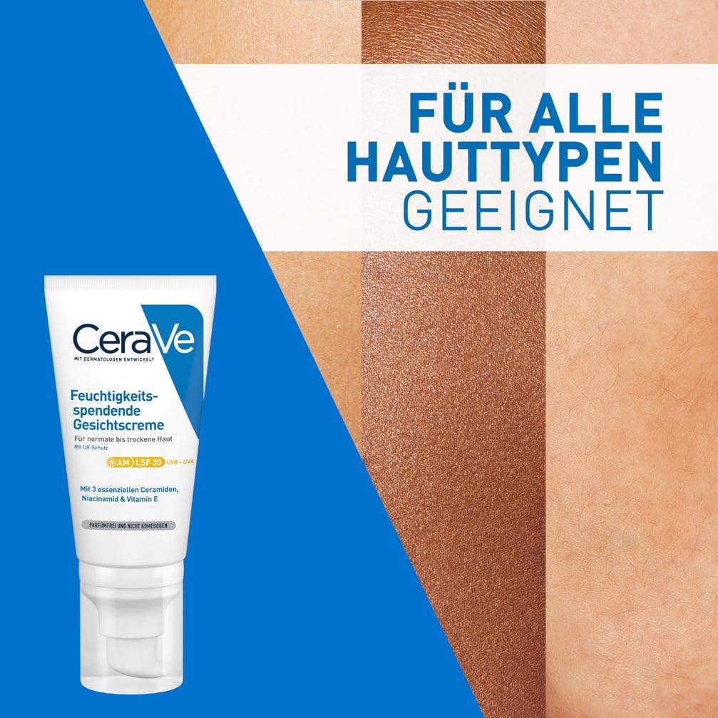 CeraVe Feuchtigkeitsspendende Gesichtscreme mit LSF 50, Hydratisierende Tagescreme mit Lichtschutz für normale bis trockene Haut, Schutz vor UVA- und UVB-Strahlung, 2 x 52ml