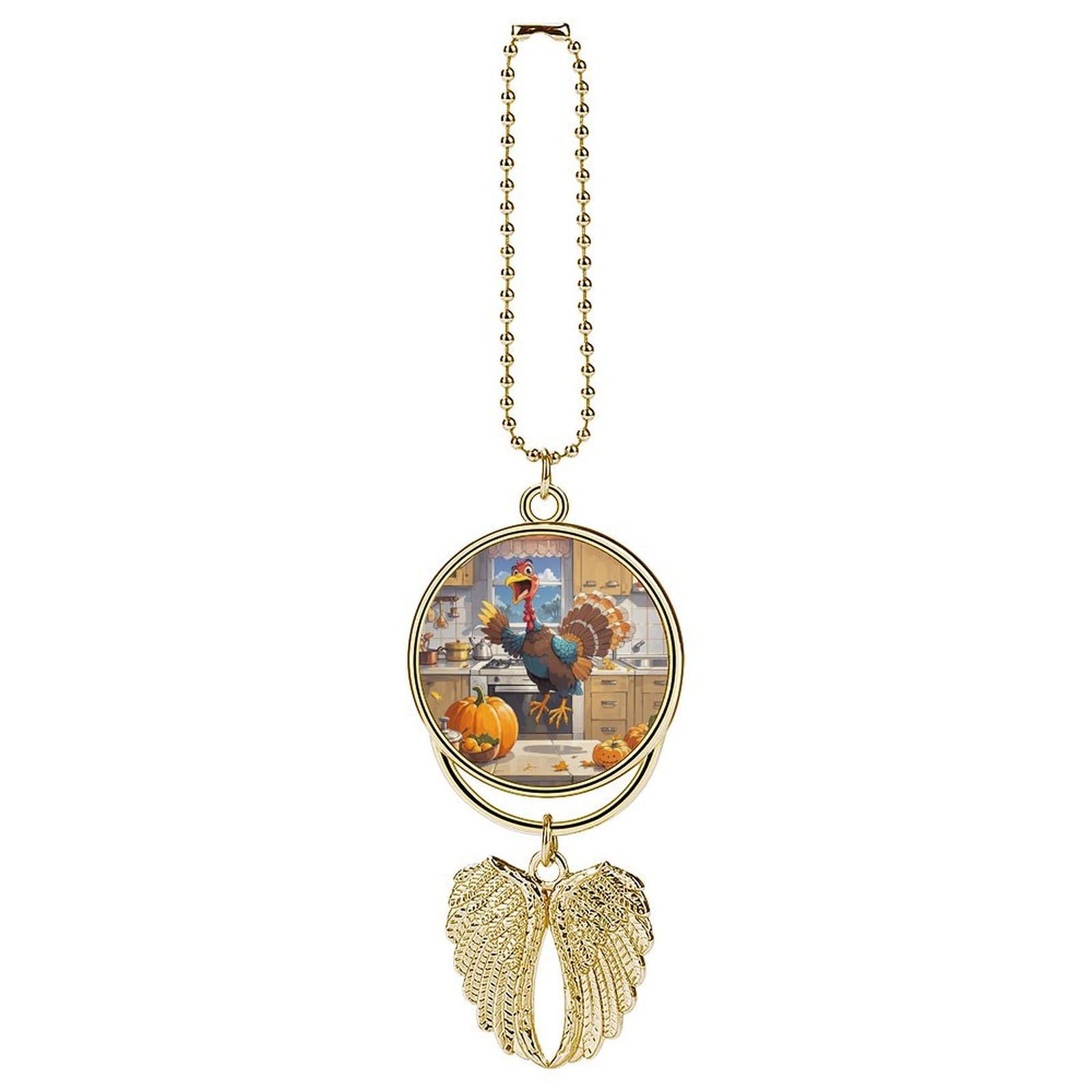 Pumpkin and Turkey Car Pendant Car Rearview Mirror Pendant Custom Photo Car Hanging Ornament Car Rear View Mirror Hanging Accessories Angel Wing Car Charm Gift for Men Women