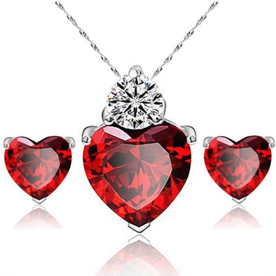 Stunning Red Heart Pendant Necklace and Stud Earrings - Jewelry Gift Set for Women, Girls, Teens, Wedding, Christmas