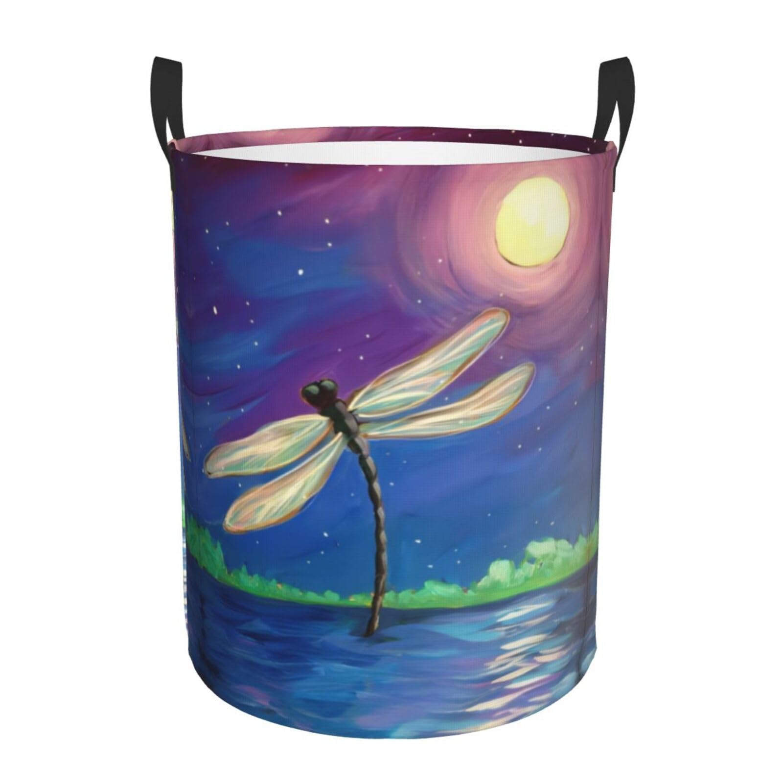M Circular Hamper – Collapsible dragonfly painting Print Laundry Basket